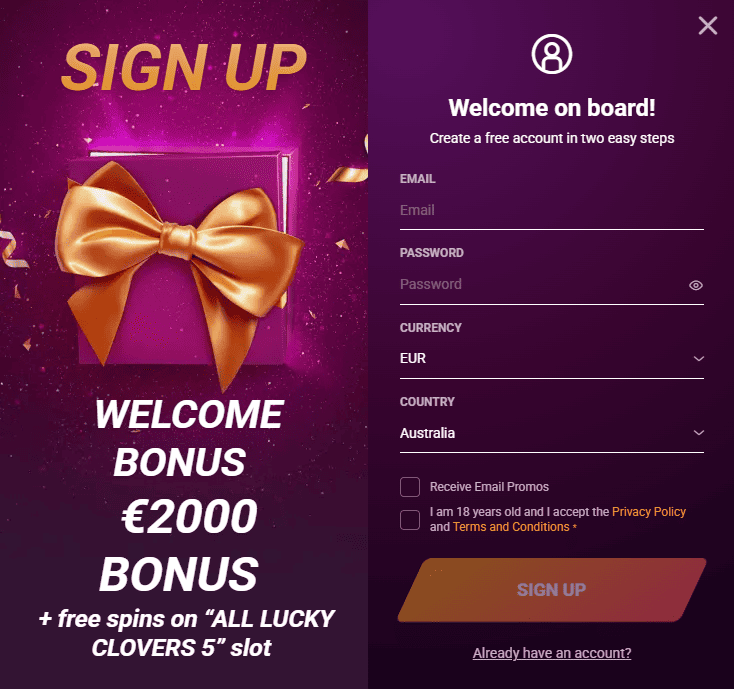 Registration at Ricky casino